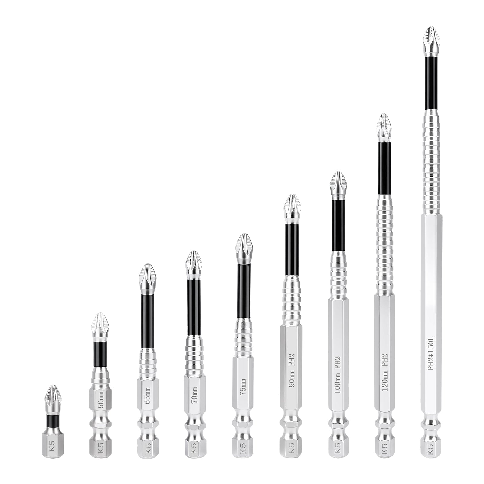Nine screwdriver bit sets of increasing sizes arranged in a diagonal sequence on a plain white background. Each set includes a silver hex driver, a black shaft section, and a silver bit with printed size labels such as 5mm, 7mm, 10mm, 12mm, 14mm, and 1/4 inch.