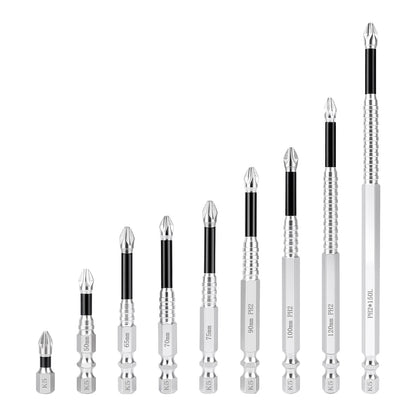 Nine screwdriver bit sets of increasing sizes arranged in a diagonal sequence on a plain white background. Each set includes a silver hex driver, a black shaft section, and a silver bit with printed size labels such as 5mm, 7mm, 10mm, 12mm, 14mm, and 1/4 inch.