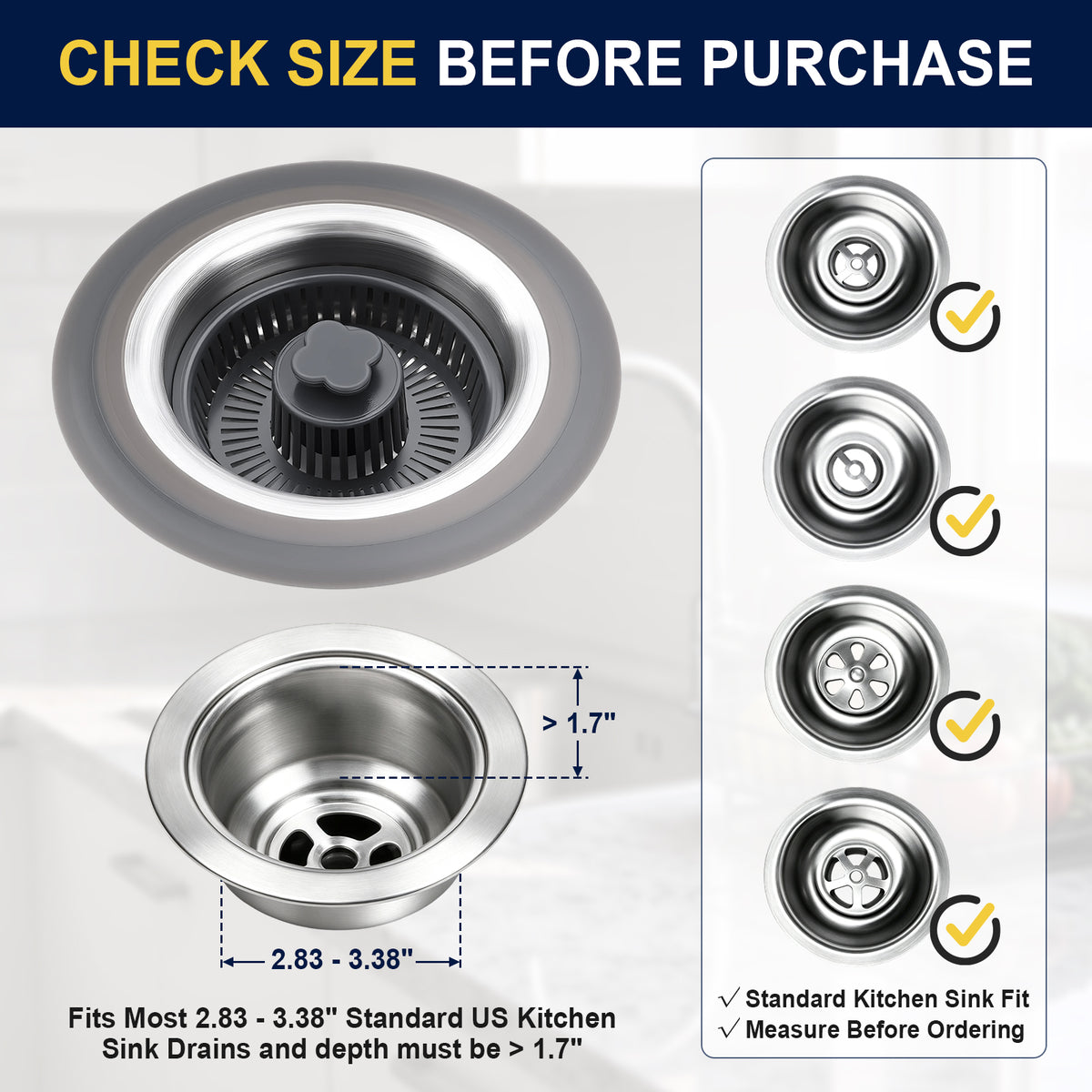 Stainless steel kitchen sink drain with a black center filter basket, shown with size measurements and a reference chart on the right indicating fit for standard kitchen sinks.