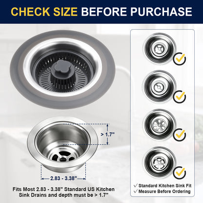 Stainless steel kitchen sink drain with a black center filter basket, shown with size measurements and a reference chart on the right indicating fit for standard kitchen sinks.