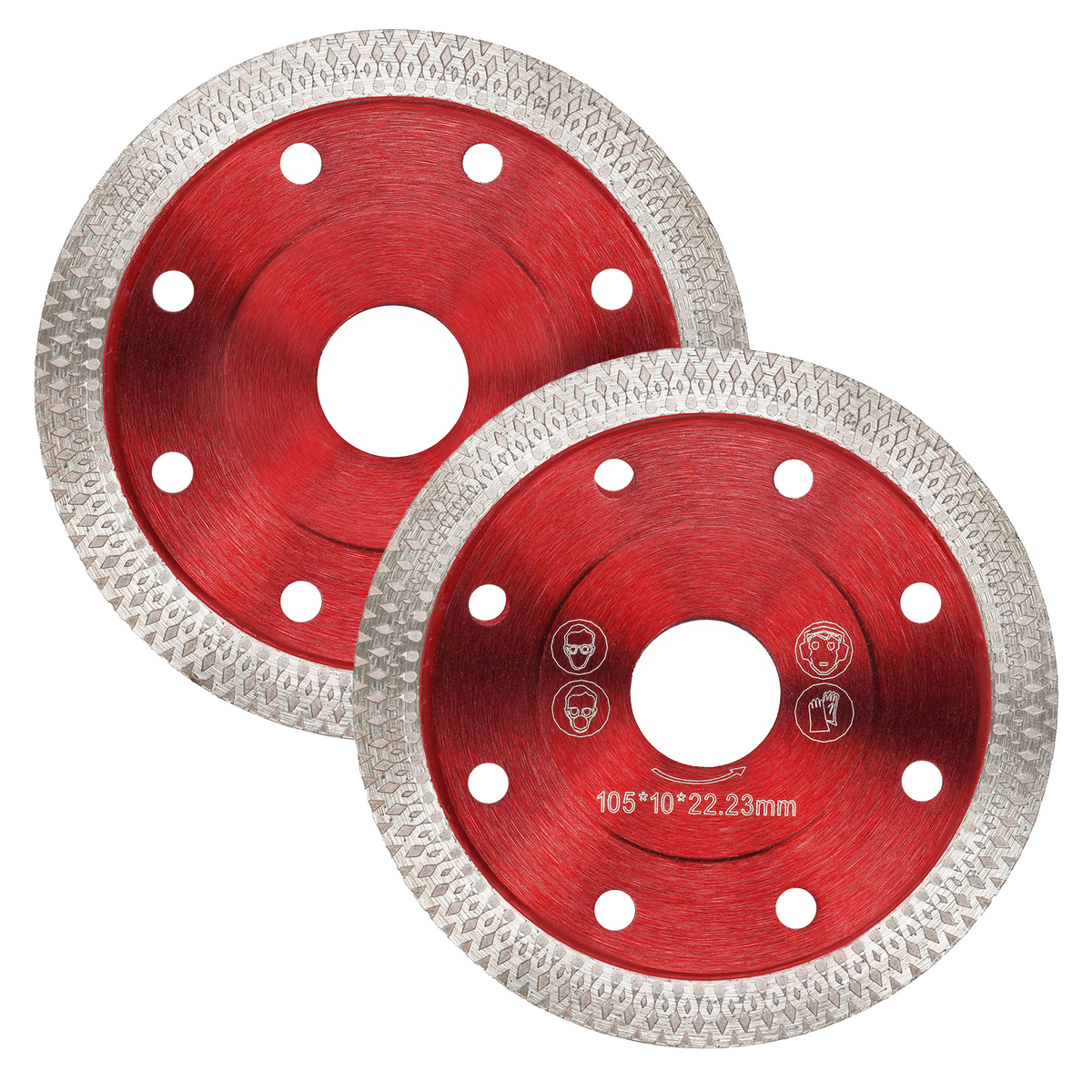 Two circular diamond saw blades with red metallic centers and textured silver outer cutting edges, shown on a plain white background. One blade is fully visible and the other is partially overlapped behind it.