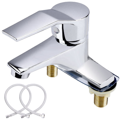 Stainless steel bathroom sink faucet, 2-hole, hot and cold water, silver finish, single-handle precise control with removable aerator