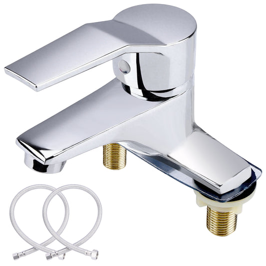 Stainless steel bathroom sink faucet, 2-hole, hot and cold water, silver finish, single-handle precise control with removable aerator