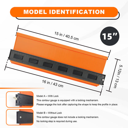 Orange contour gauge with dimensions and model identification on a white background