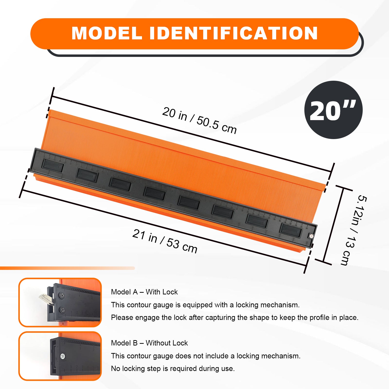 Measurement chart for an orange contour gauge with dimensions and lock options.