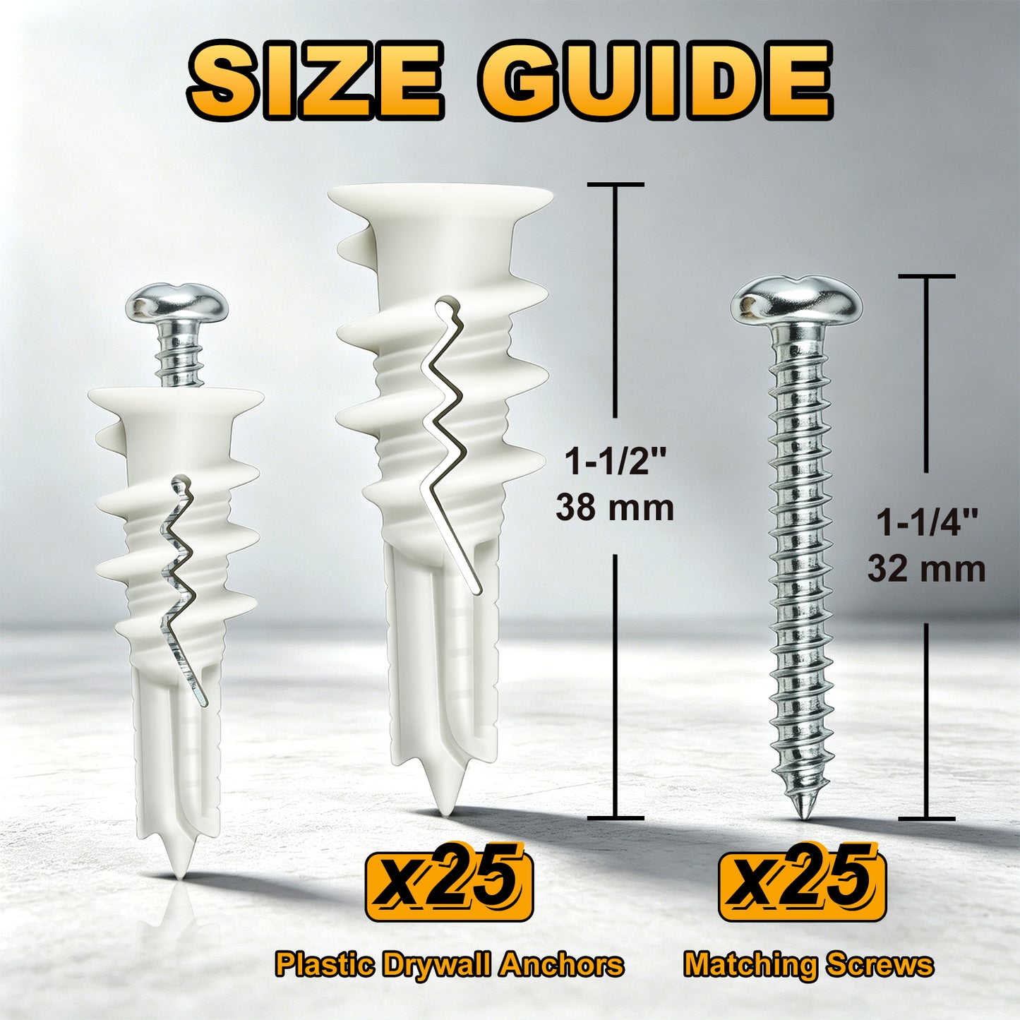 Size guide graphic showing three white plastic drywall anchors and matching silver screws with labeled dimensions: 1-1/2 inches (38 mm), 1-1/4 inches (32 mm), and quantity x25 each.