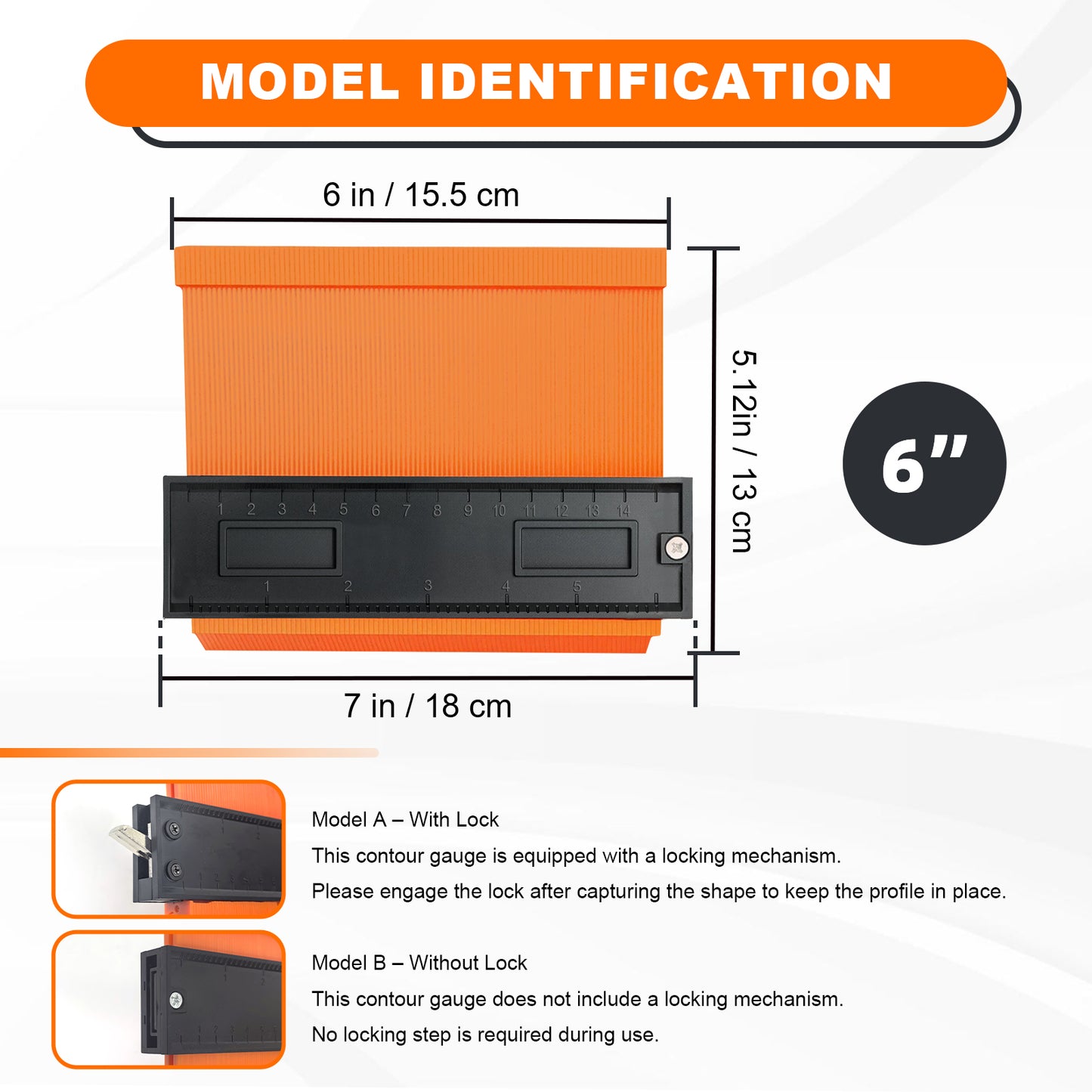 Measurement chart for an orange and black contour gauge with dimensions and lock options.