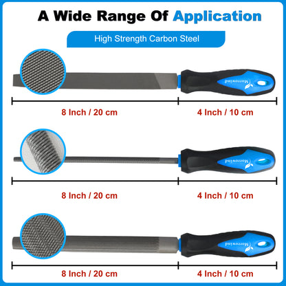 Three metal files with different sizes and handles on a blue background with text about high strength carbon steel.