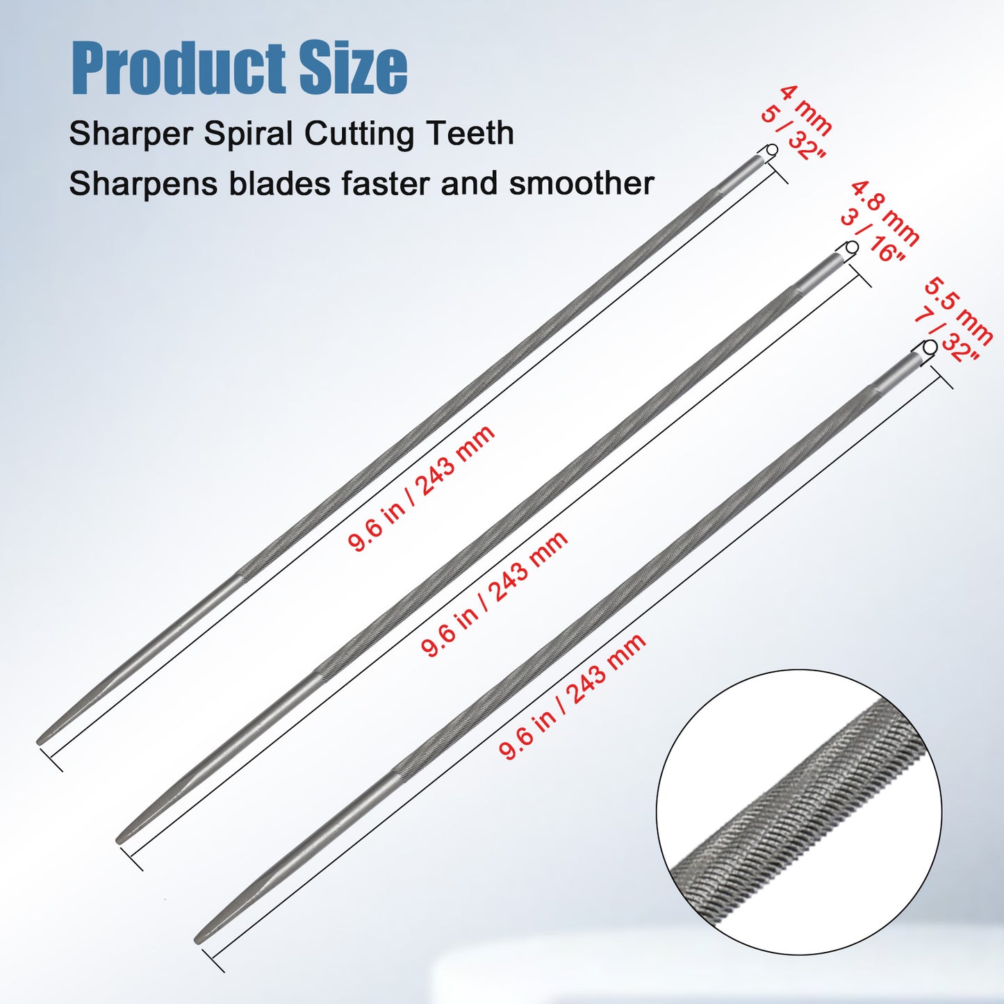 Measurement chart of a metal rod with spiral cutting teeth and detailed dimensions.