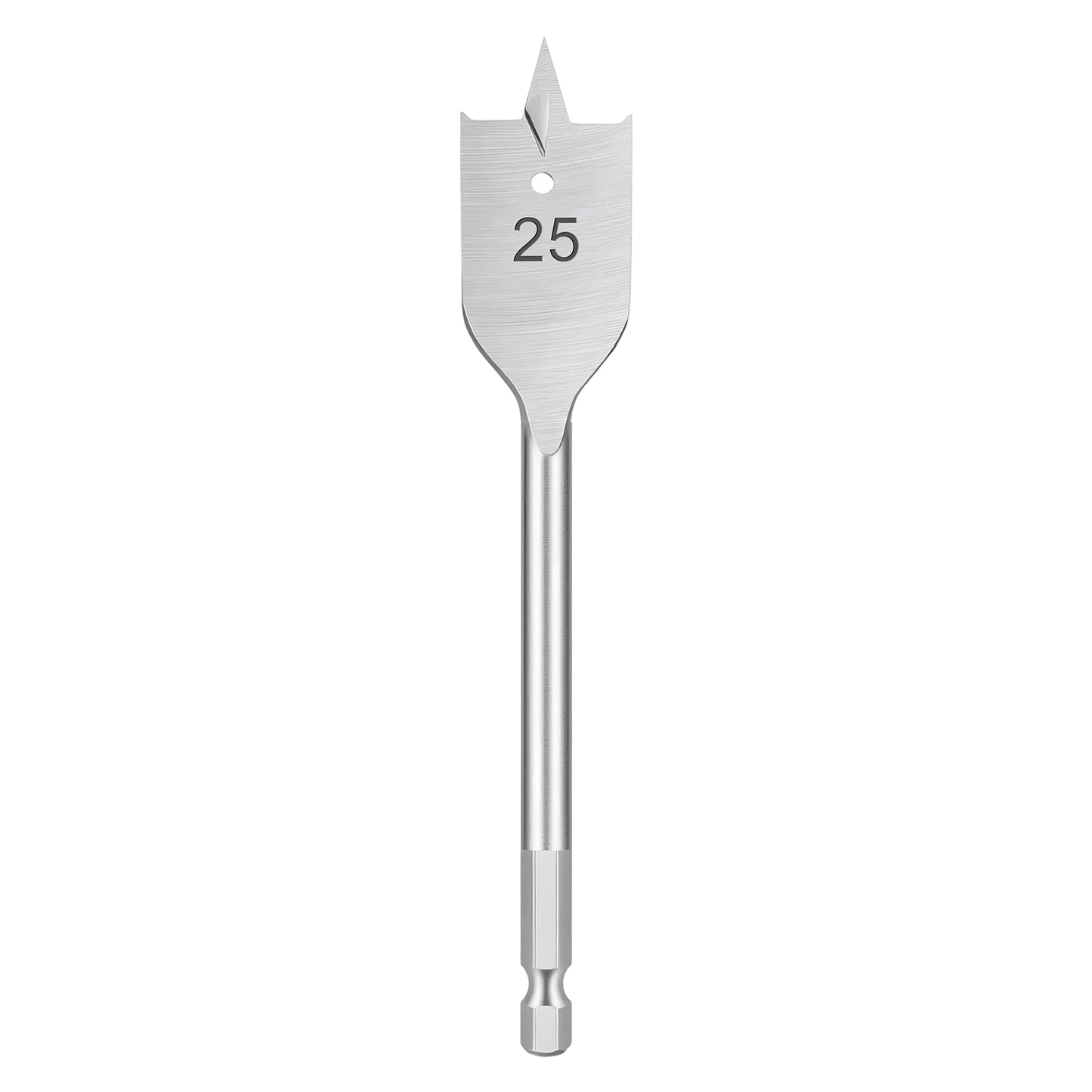 A 25mm metal spade drill bit with a brushed silver finish and the size '25' printed on the blade, shown vertically against a plain white background.
