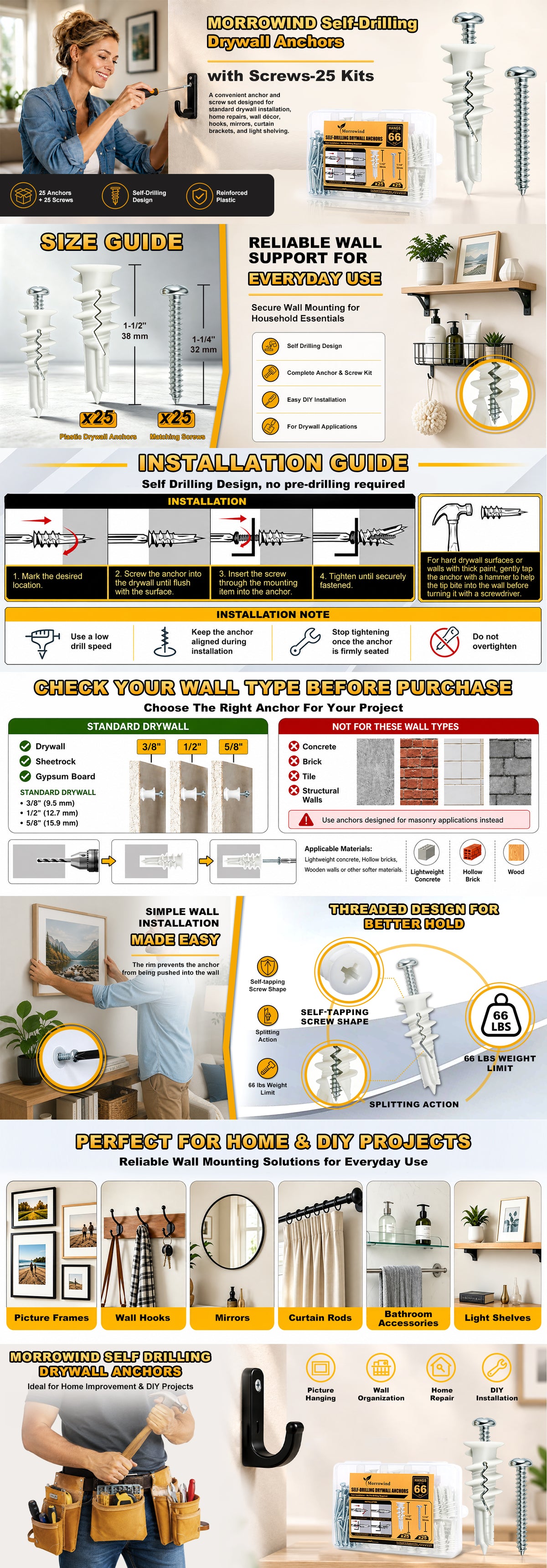 A long vertical infographic poster about installing drywall screws and wall anchors, featuring diagrams, tool icons, step-by-step installation visuals, and text sections such as 'Size Guide,' 'Installation Guide,' 'Check Wall Type Before You Project,' and 'Best for Indoor & Outdoor Use.' It is not a clean product photo, not a lifestyle scene, and not a measurement chart or color swatch; the best fit is Instruction Diagram because the image primarily explains how to use/install the product.