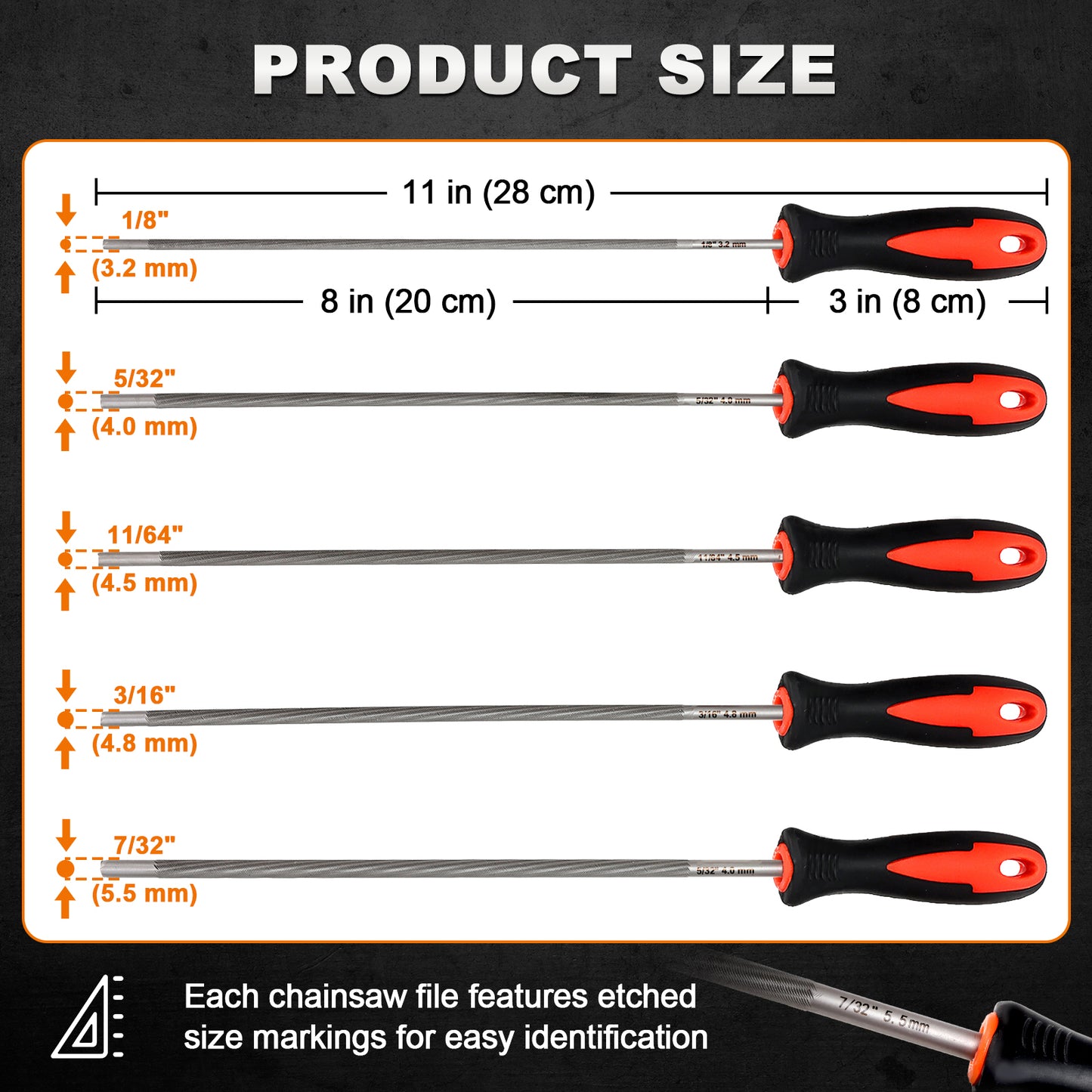 Product size chart showing five screwdriver bits with dimensions labeled in inches and centimeters, plus text noting etched size markings on the chainsaw file. A small inset photo in the lower right shows a close-up of a bit tip.