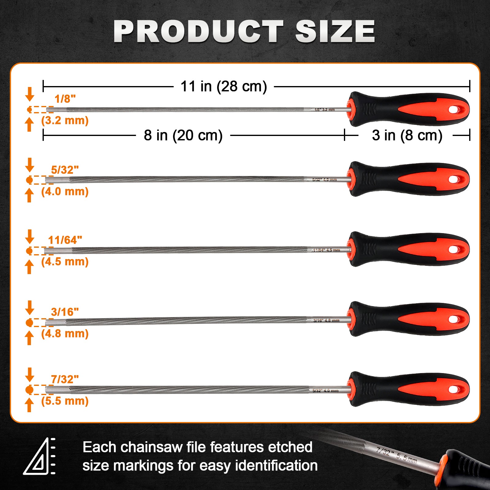 Product size chart showing five screwdriver bits with dimensions labeled in inches and centimeters, plus text noting etched size markings on the chainsaw file. A small inset photo in the lower right shows a close-up of a bit tip.