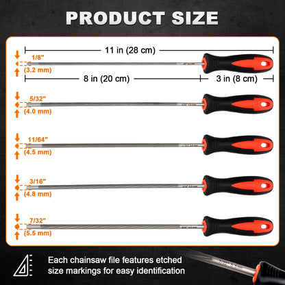 Product size chart showing five screwdriver bits with dimensions labeled in inches and centimeters, plus text noting etched size markings on the chainsaw file. A small inset photo in the lower right shows a close-up of a bit tip.
