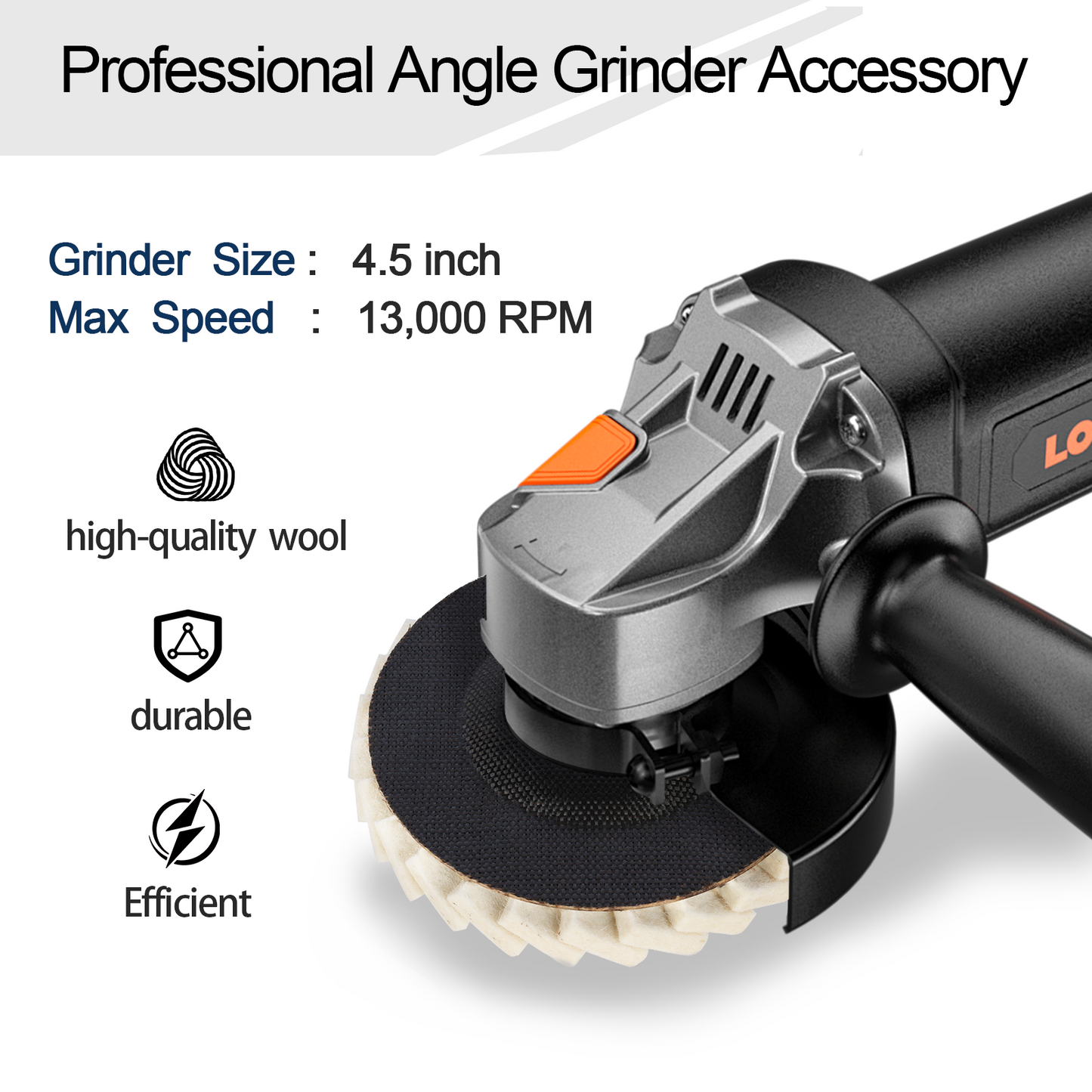 Professional angle grinder accessory with text detailing specifications and features on a white background