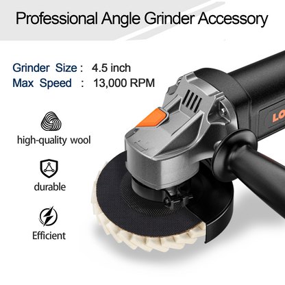 Professional angle grinder accessory with text detailing specifications and features on a white background