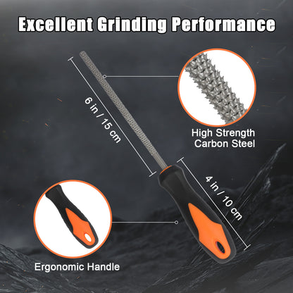 Grinding tool with ergonomic handle and high strength carbon steel, labeled on a dark background.