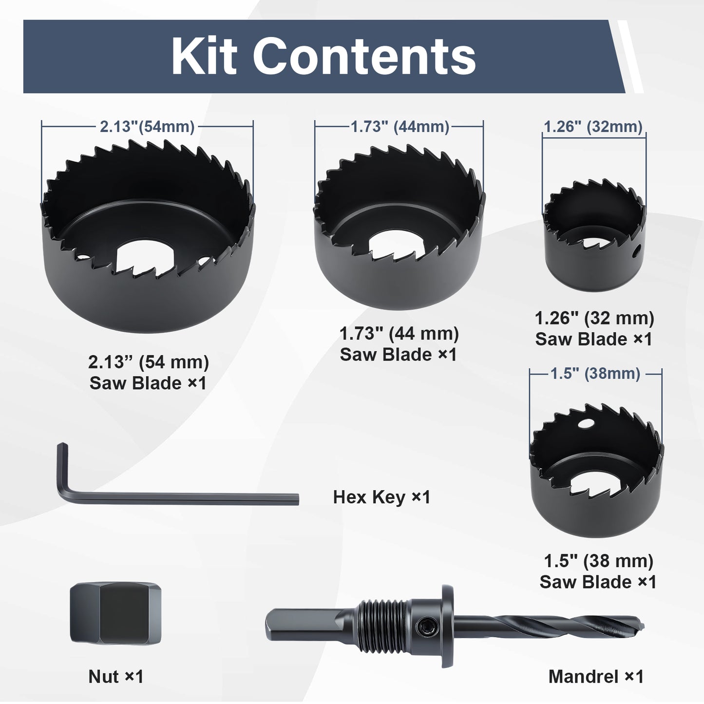 Hole saw kit with various components and measurements on a white background