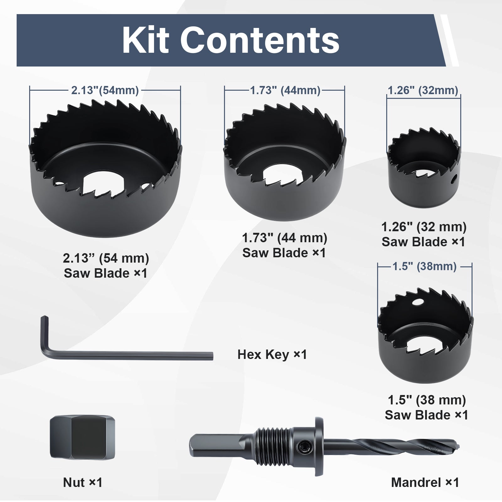 Hole saw kit with various components and measurements on a white background