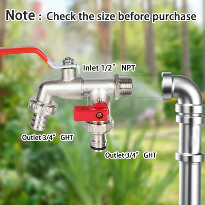 Metal plumbing valve with labeled dimensions against a blurred natural background