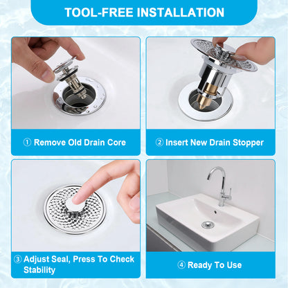 Four-panel instructional graphic for installing a sink drain stopper. The top header reads 'TOOL-FREE INSTALLATION.