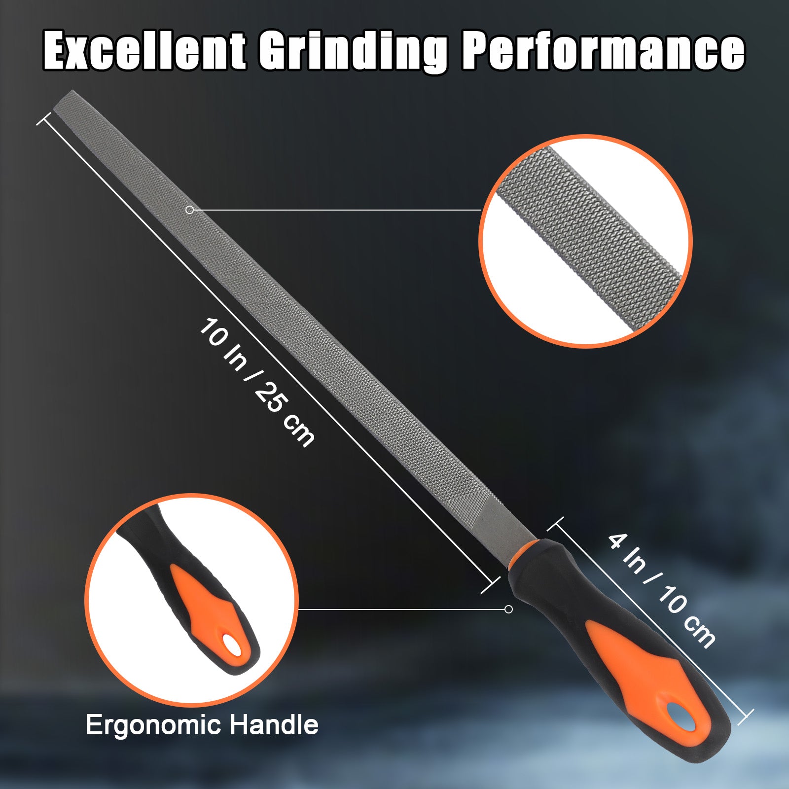 Rasp with ergonomic handle and measurements on a dark background