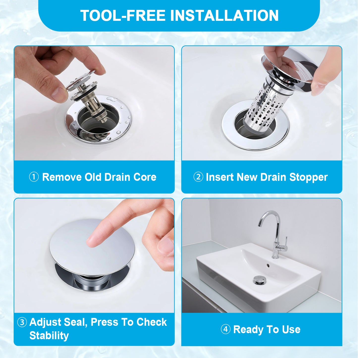 Four-panel installation guide for a bathroom drain stopper. The top header reads 'TOOL-FREE INSTALLATION.
