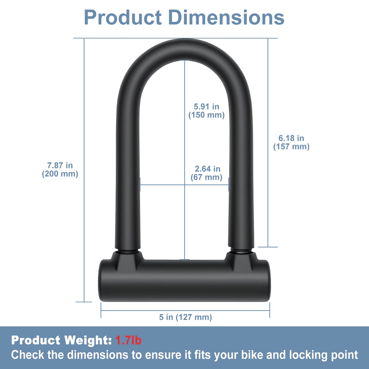 Black U-shaped bike lock with dimensions labeled on a white background