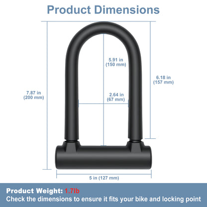 Black U-shaped bike lock with dimensions labeled on a white background