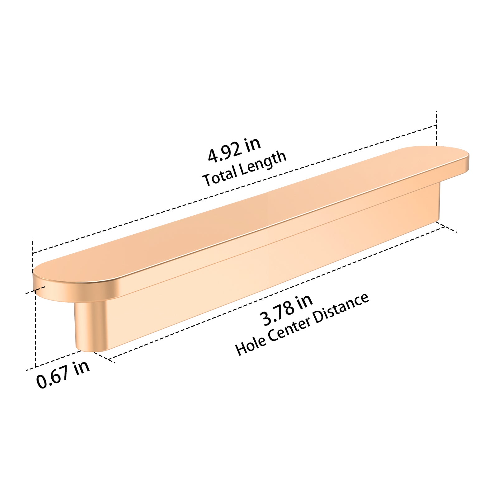 Copper cabinet handle with dimensions labeled on a white background