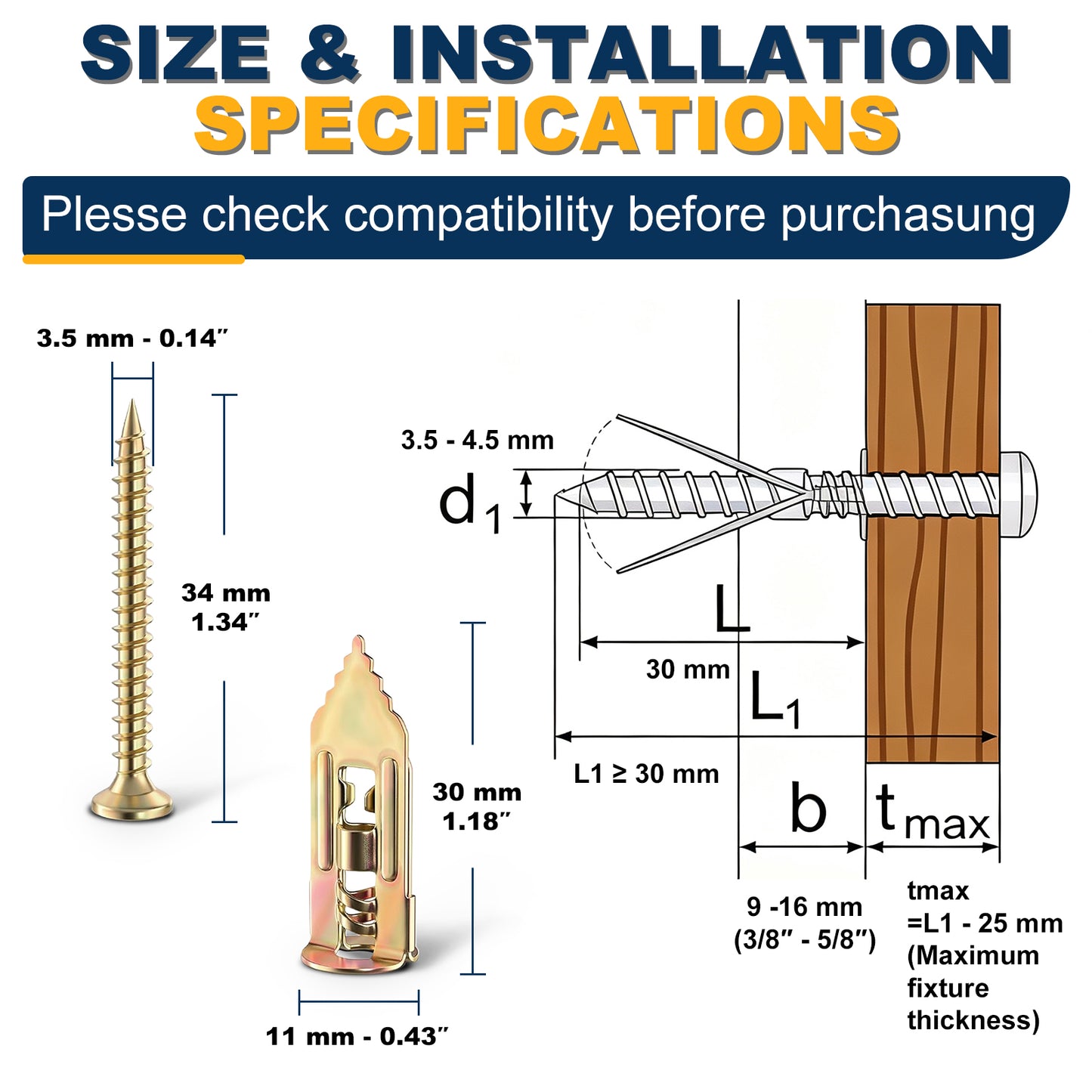 Size and installation specifications diagram for a wall screw and its base, with dimensions, a screw illustration, and a wood mounting diagram on a white background with blue header text.