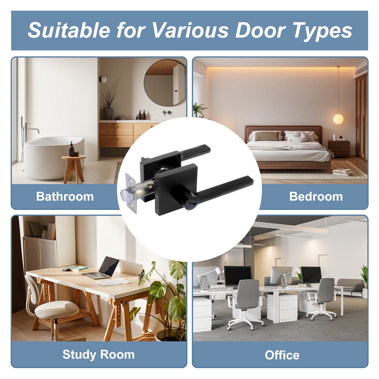 Black door handle suitable for various rooms including bathroom, bedroom, study room, and office.