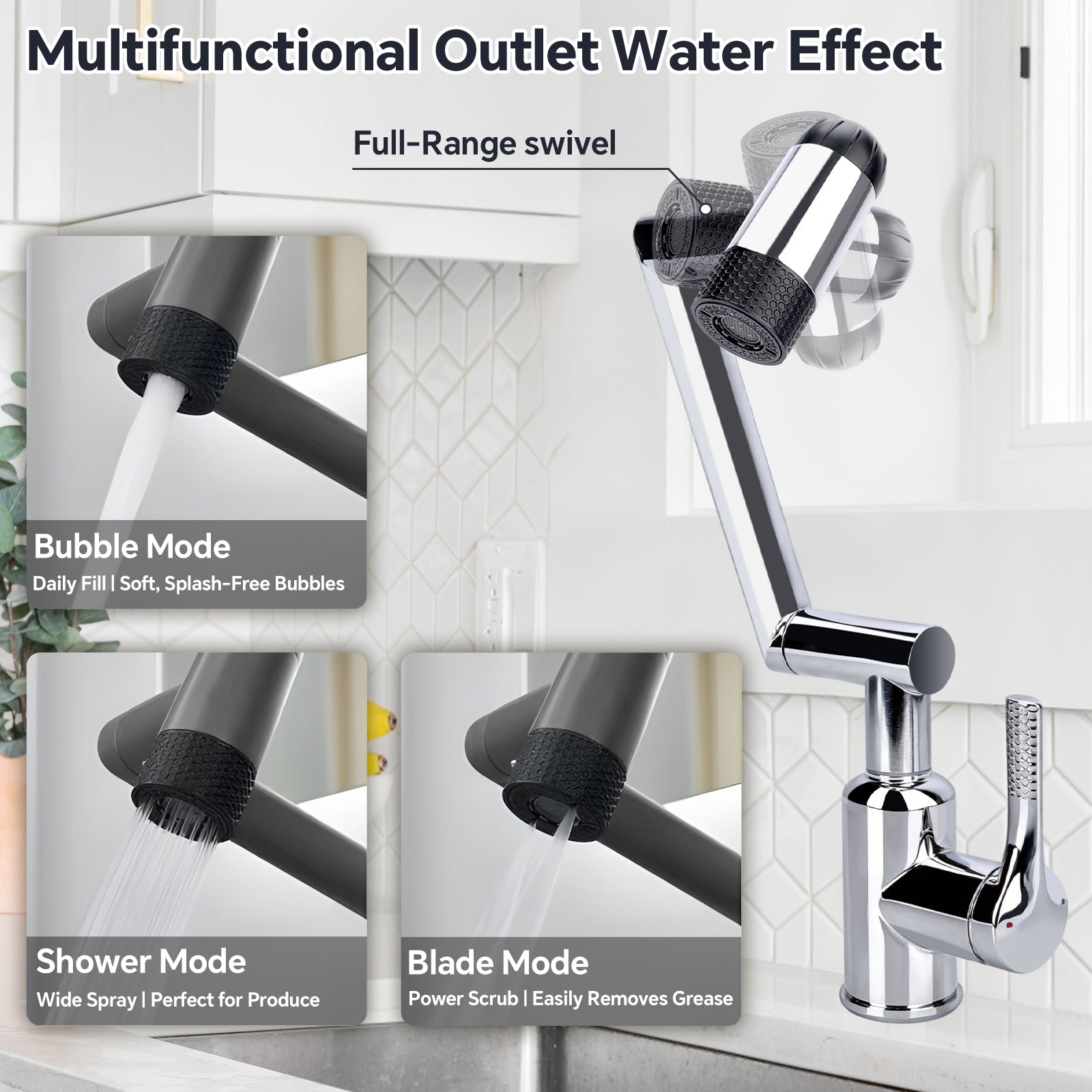 Multifunctional faucet with various modes on a white background