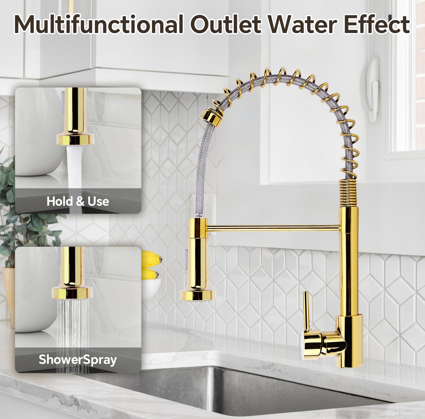 Gold kitchen faucet with multifunctional outlet water effect on a kitchen sink background.