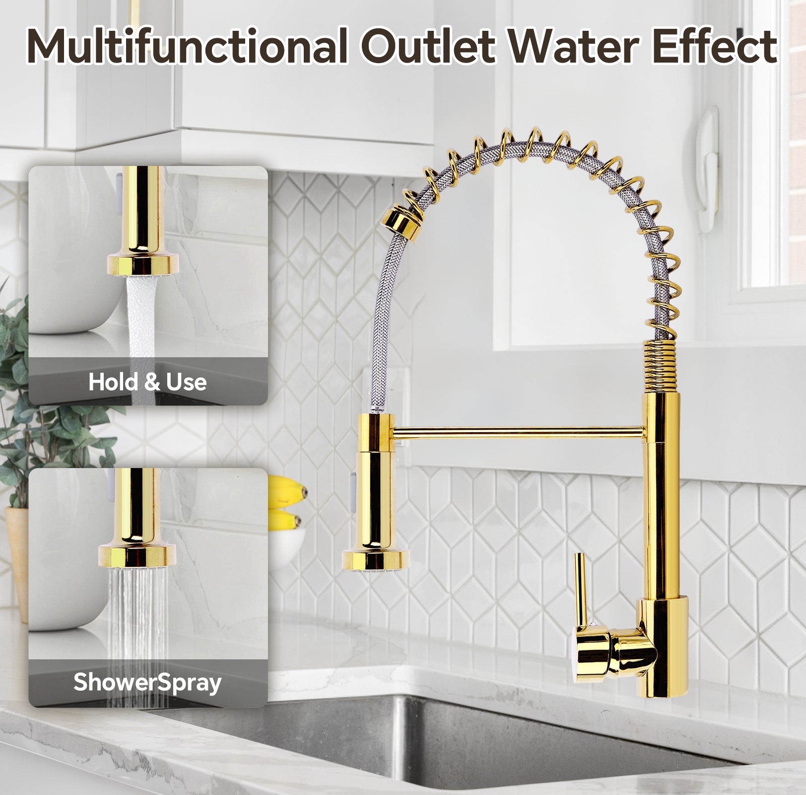 Gold kitchen faucet with multifunctional outlet water effect on a kitchen sink background.