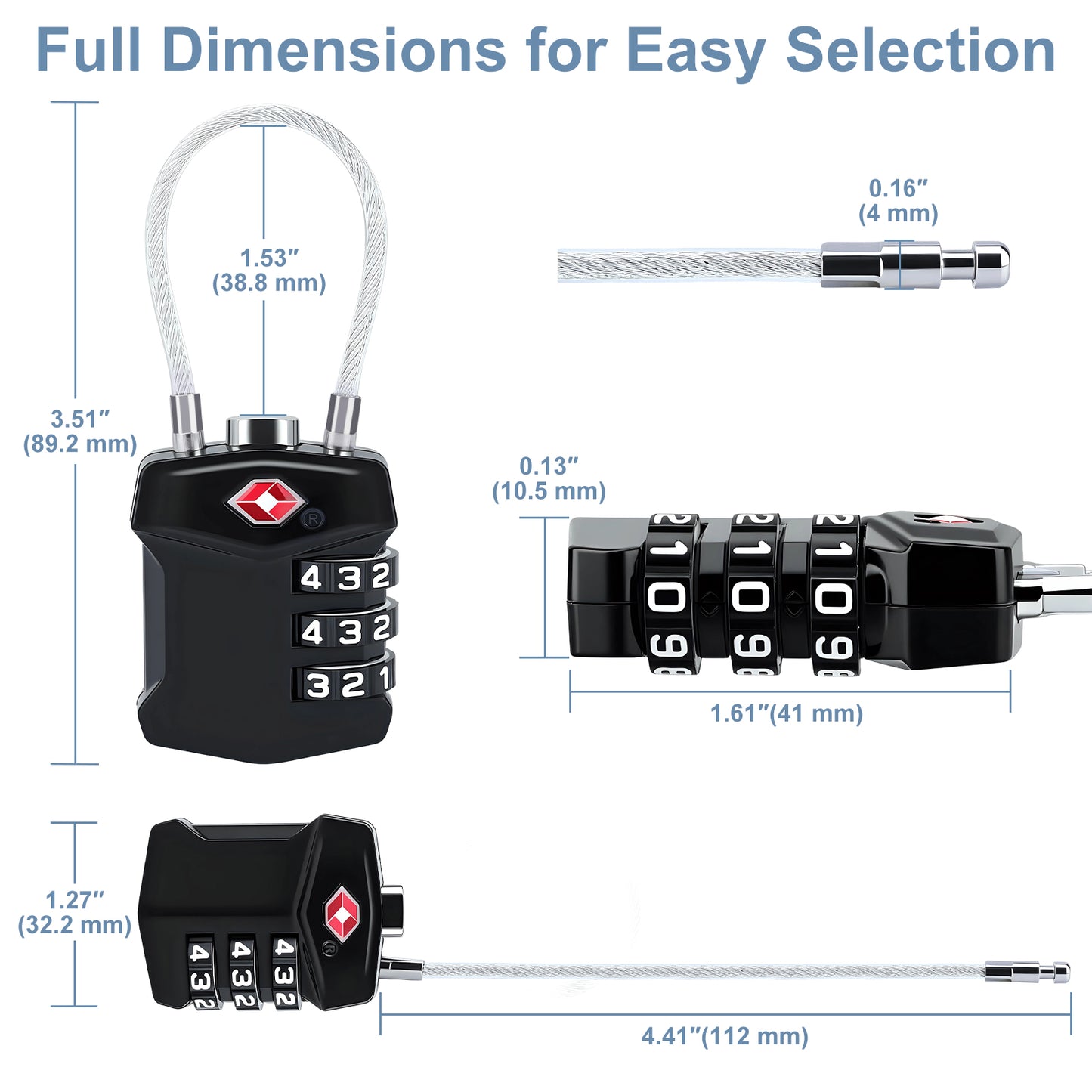 Three TSA-approved luggage locks with measurements on a white background