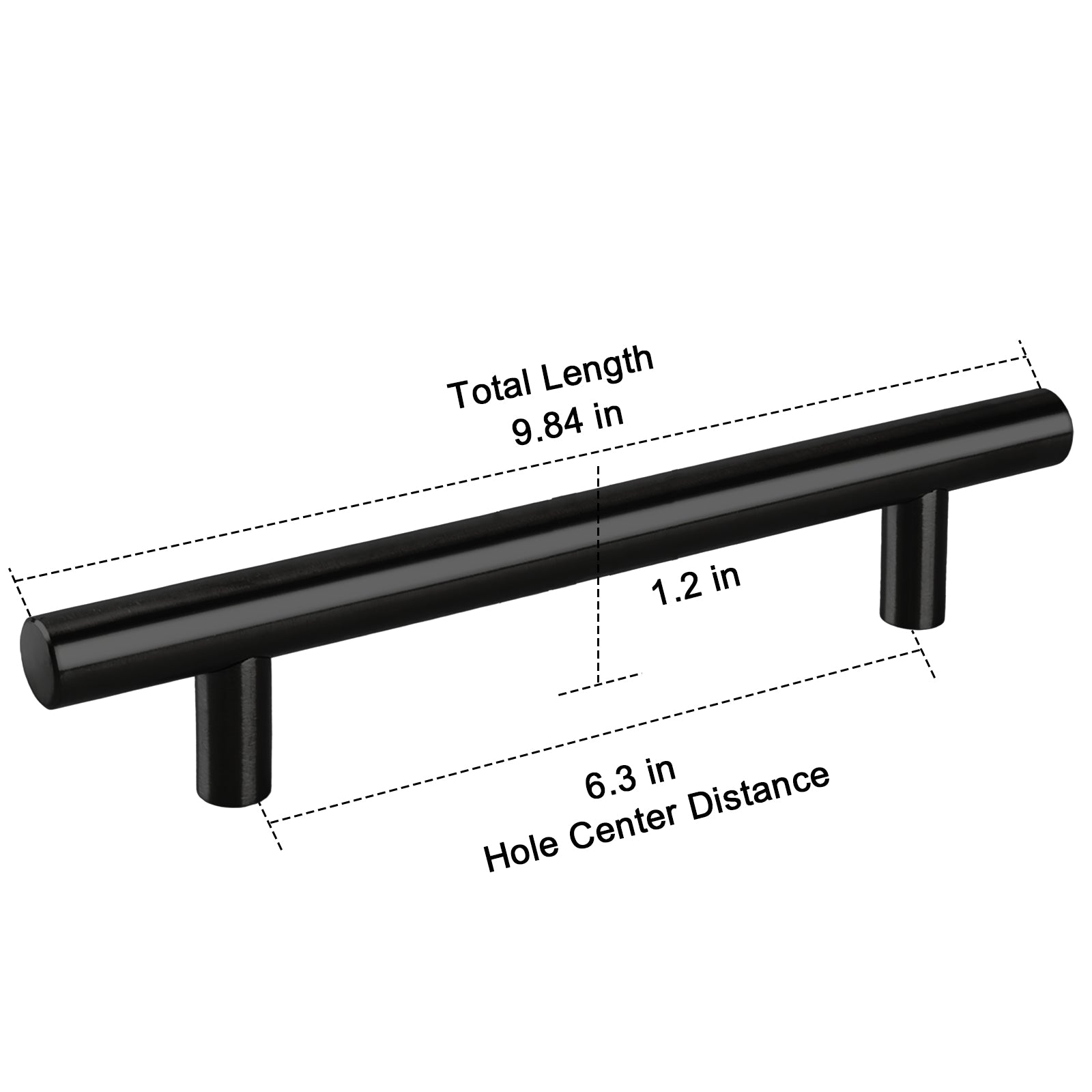 Black cabinet handle with measurements on a white background