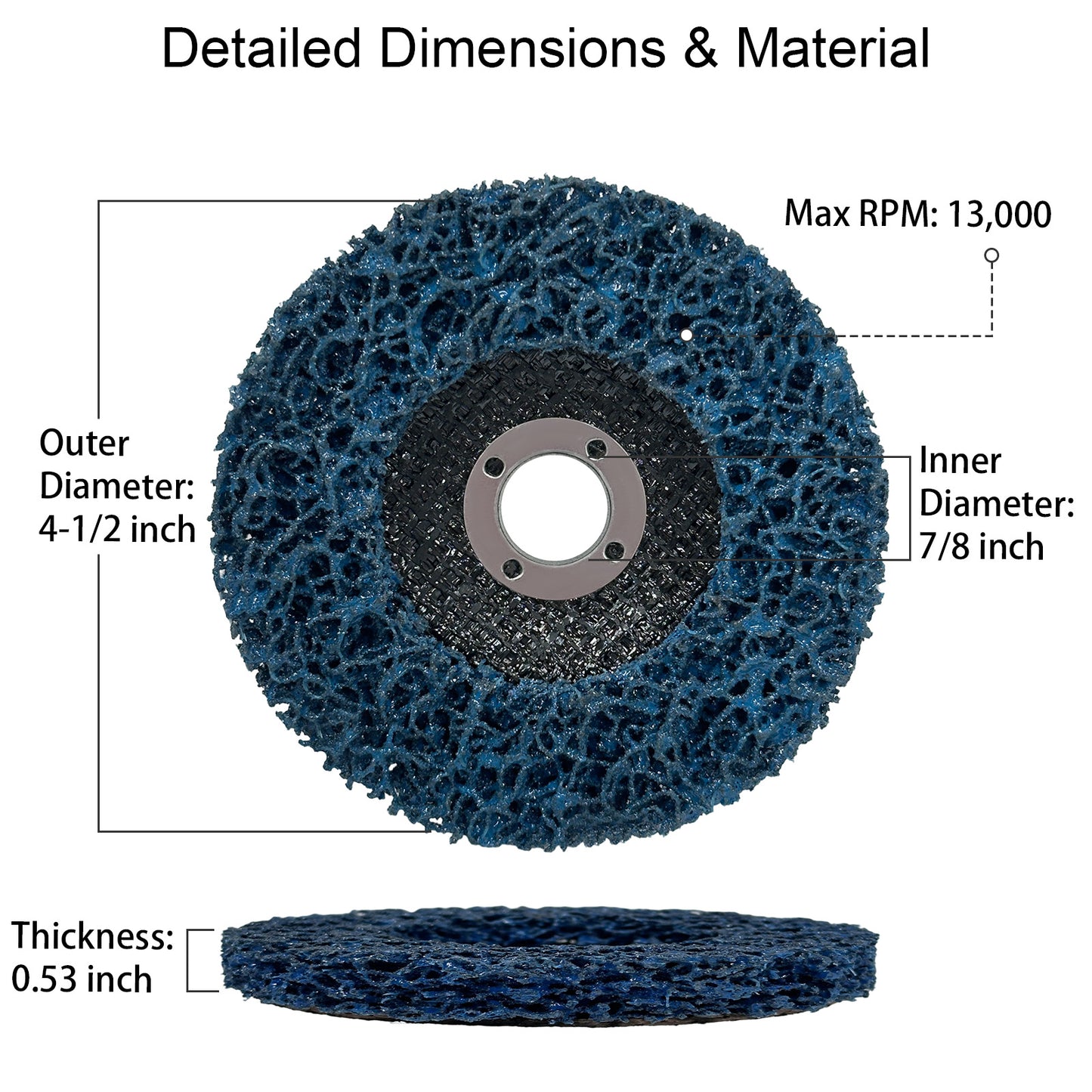 Flap disc with labeled dimensions and material properties on a white background