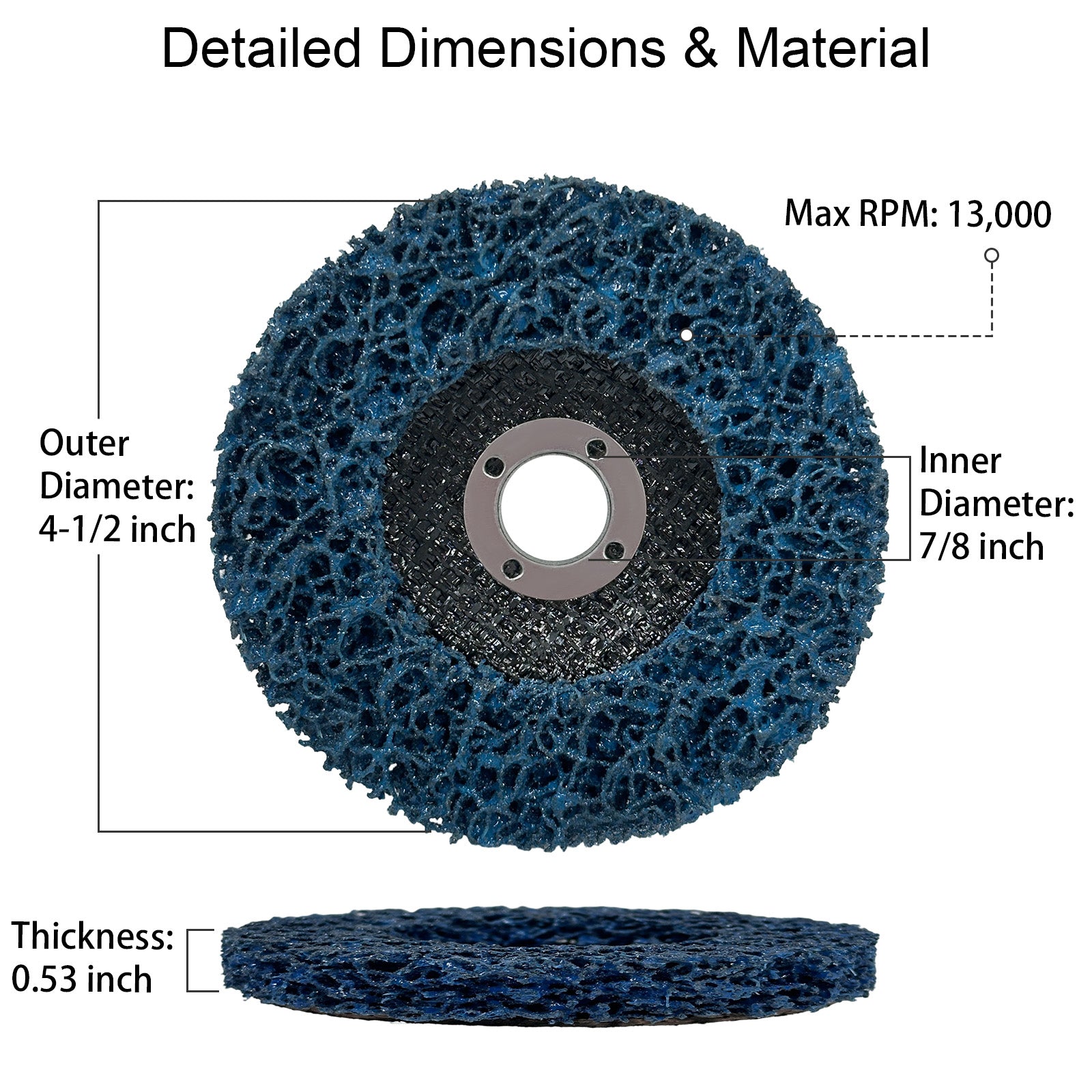 Flap disc with labeled dimensions and material properties on a white background