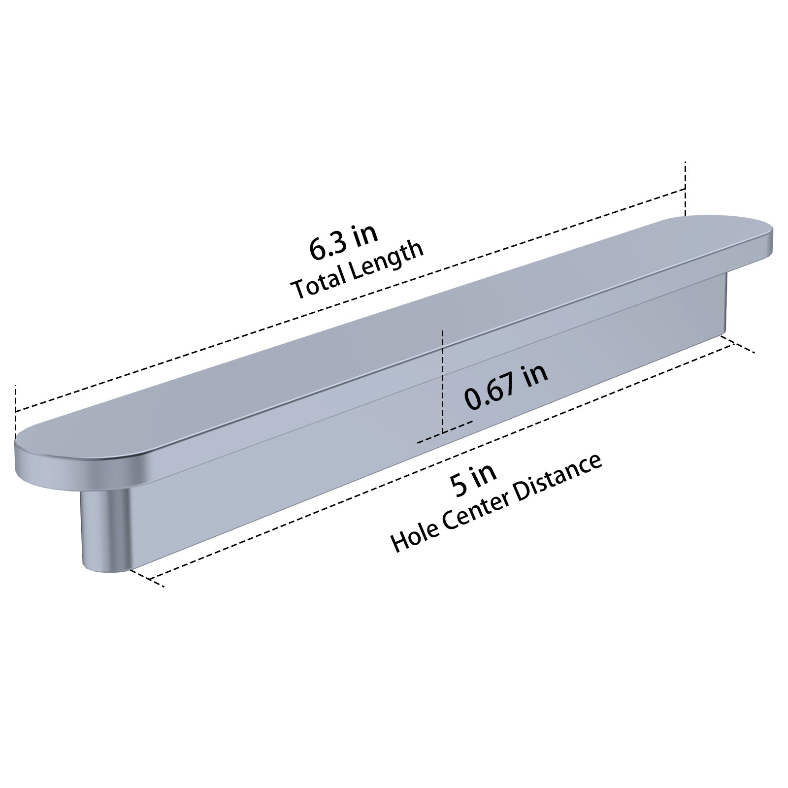 Cabinet handle with dimensions labeled on a white background