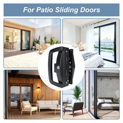 Black patio sliding door latch hardware shown in the center of a collage with four lifestyle room and patio photos around it. The top header reads 'For Patio Sliding Doors.