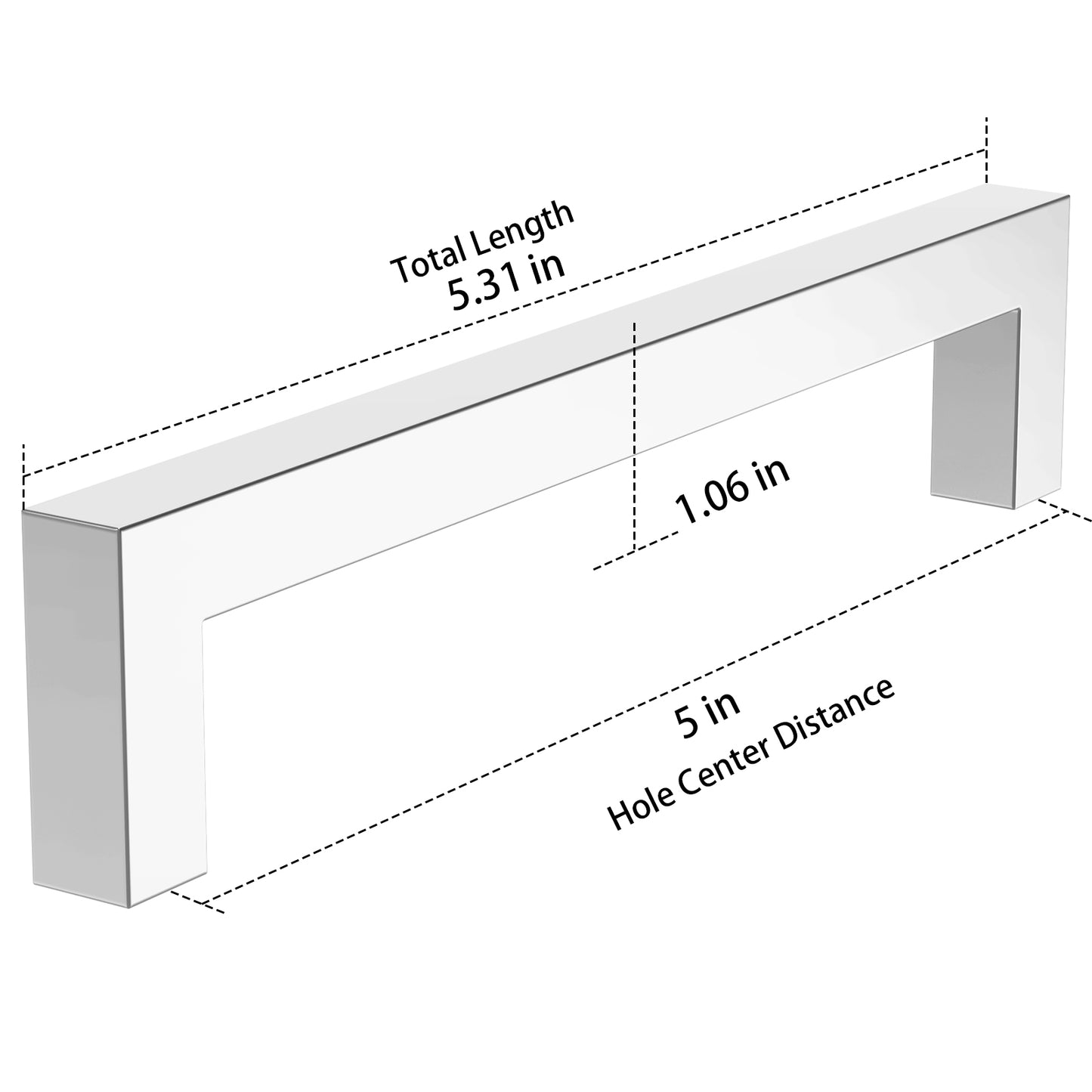 Measurement diagram of a cabinet handle with dimensions labeled