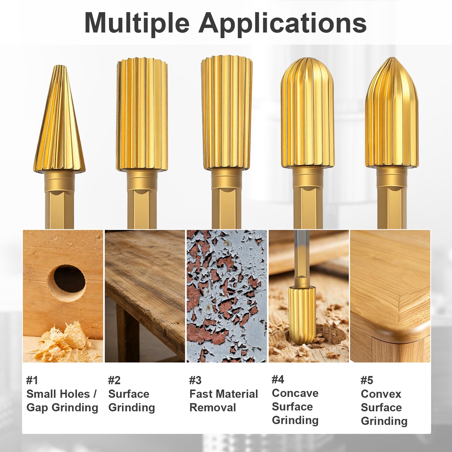 Set of five gold-colored drill bits with applications shown below on a white background.