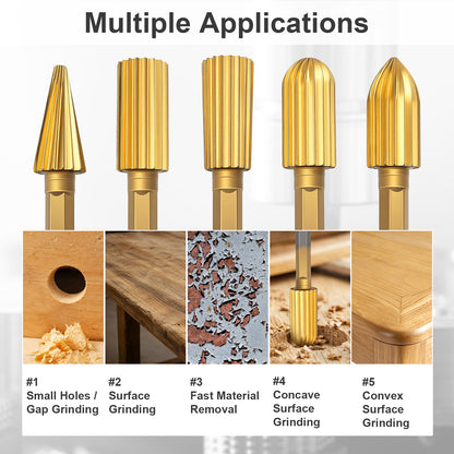 Set of five gold-colored drill bits with applications shown below on a white background.