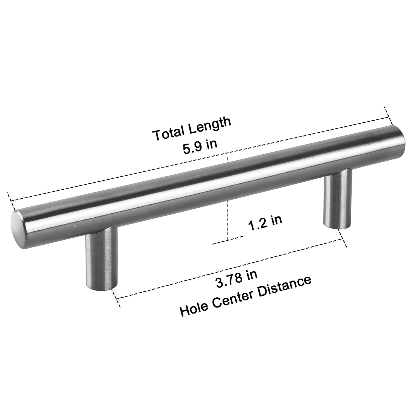 Measurement details of a metallic cabinet handle on a white background
