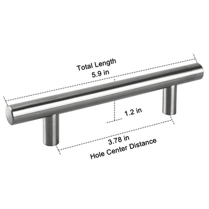 Measurement details of a metallic cabinet handle on a white background