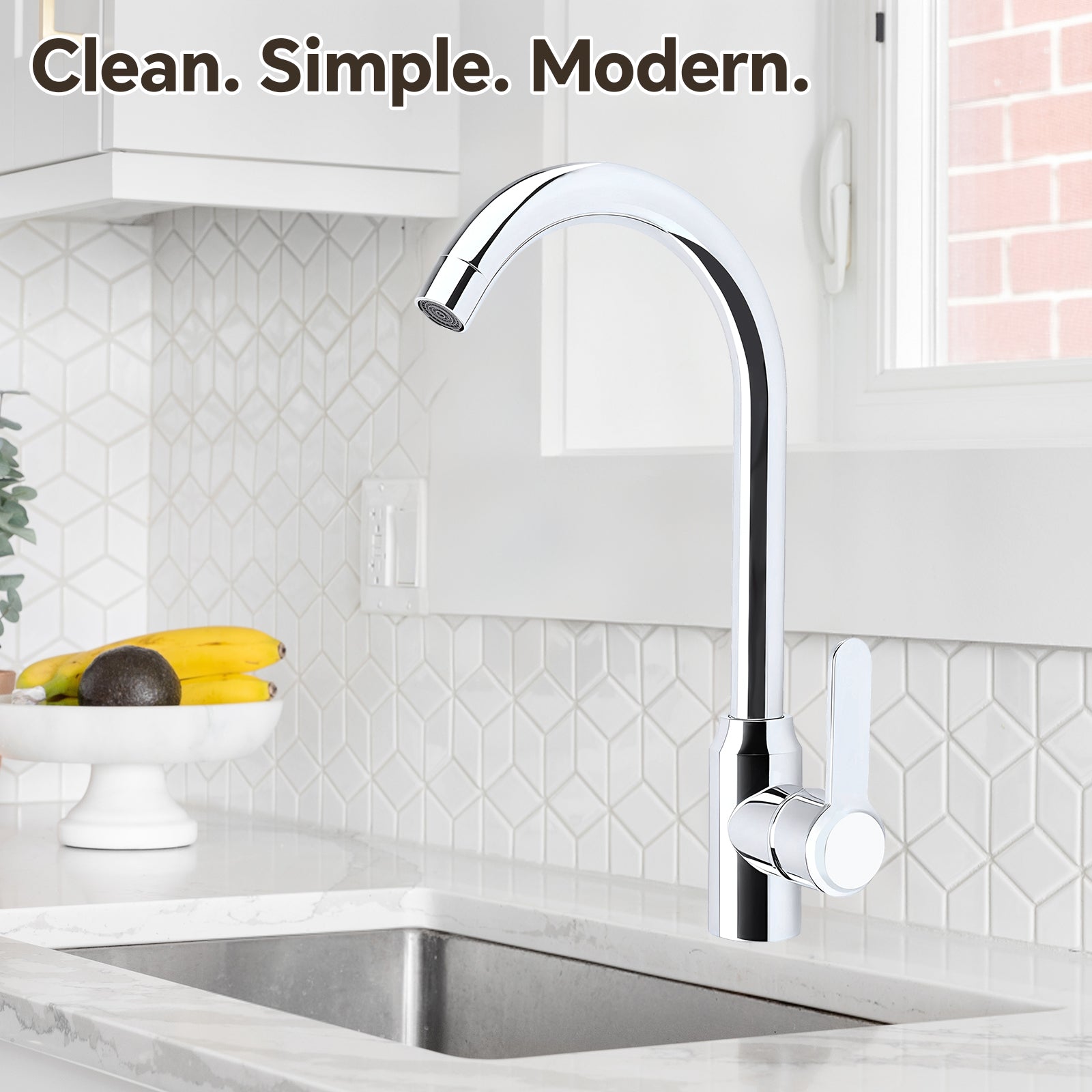 Modern kitchen faucet with a clean, simple design in a kitchen setting.