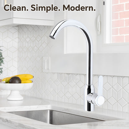 Modern kitchen faucet with a clean, simple design in a kitchen setting.