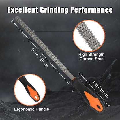 Grinding tool with ergonomic handle and high strength carbon steel, labeled on a dark background.