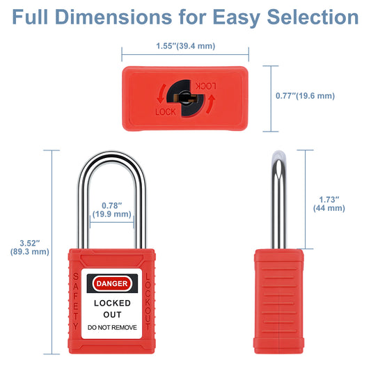 Red safety lockout tagout device with dimensions labeled on a white background